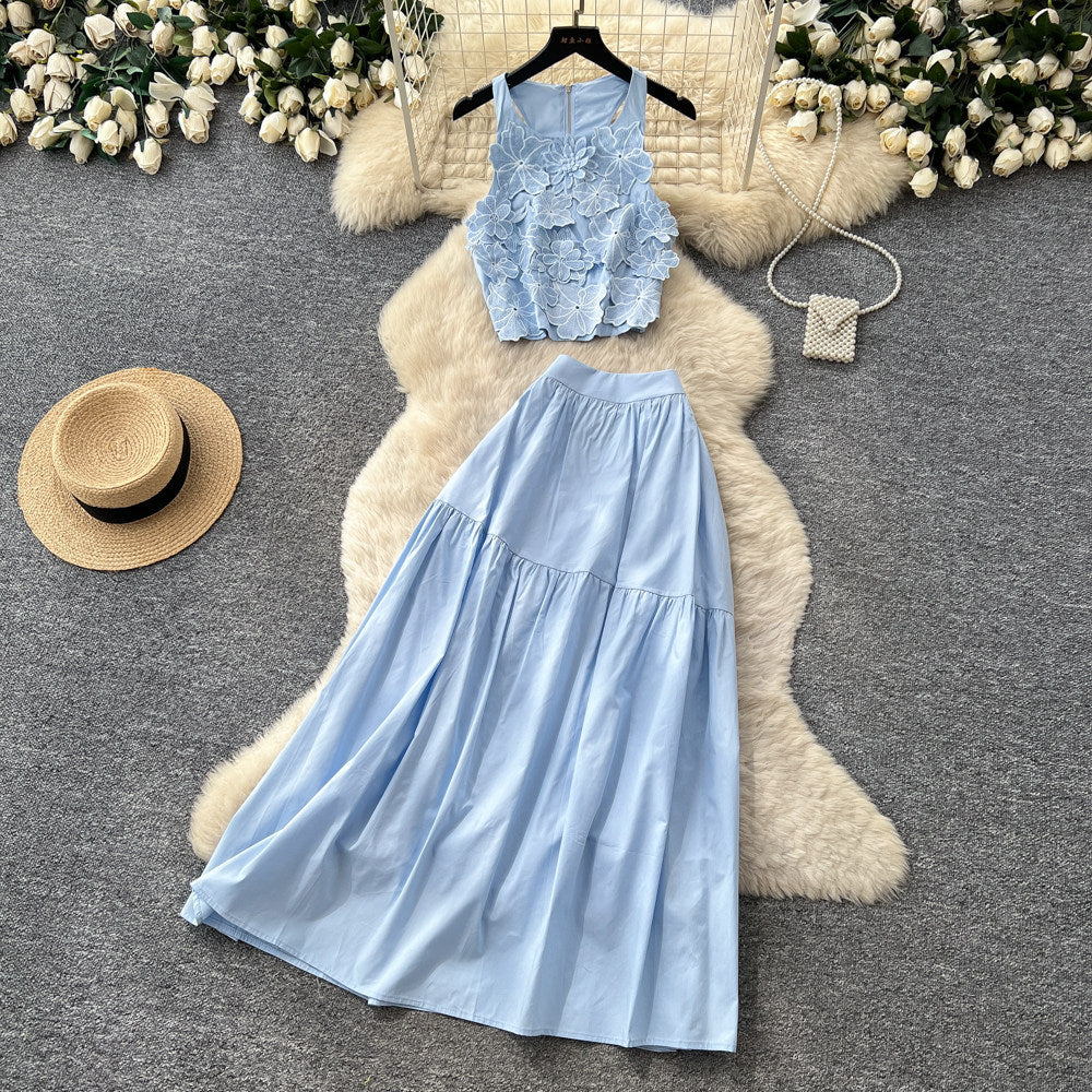 French sweet style blue vest high-waisted tiered skirt two-piece set - women's summer commute chic slimming elegant outfit