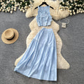French sweet style blue vest high-waisted tiered skirt two-piece set - women's summer commute chic slimming elegant outfit