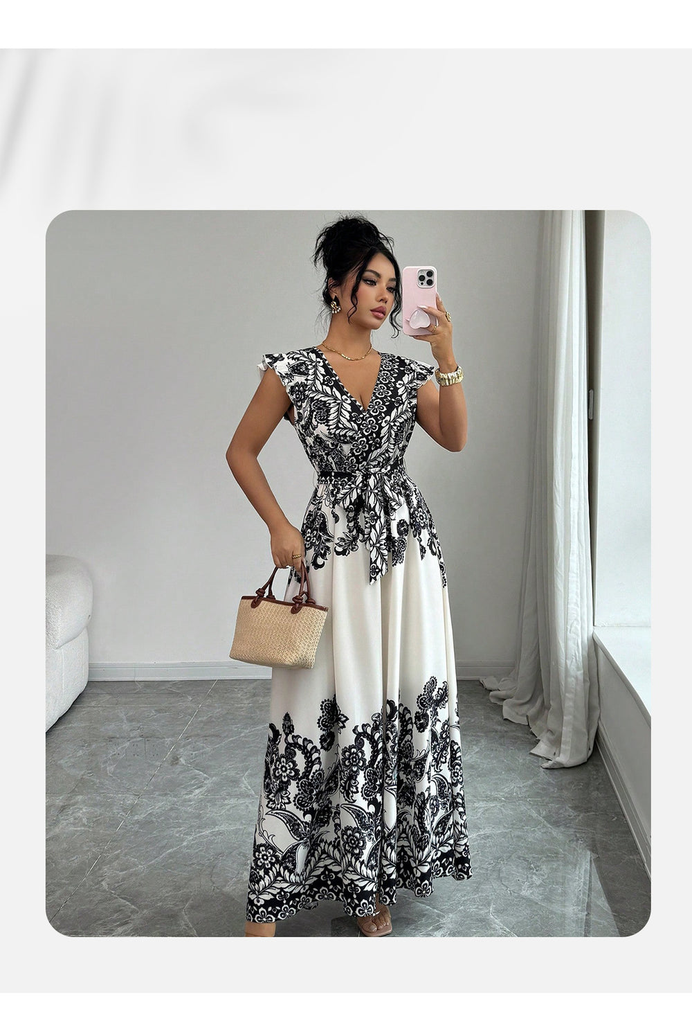 European and american cross-border  summer new arrival: vintage-inspired elegant printed flutter sleeve maxi dress