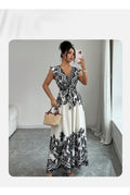 European and american cross-border  summer new arrival: vintage-inspired elegant printed flutter sleeve maxi dress