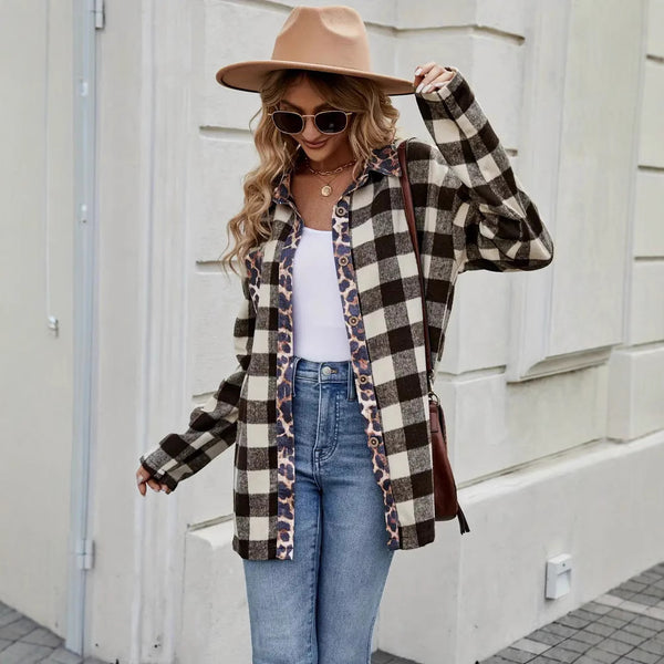 Foreign trade hot-selling   explosion 2024 autumn thousand bird grid leopard print contrasting color grid long-sleeved shirt women's clothing