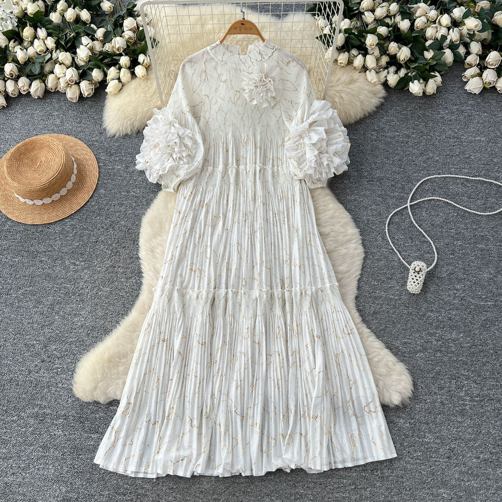Miya pleated dress women's autumn  new high-end fashion 3d floral lantern sleeve loose maxi dress