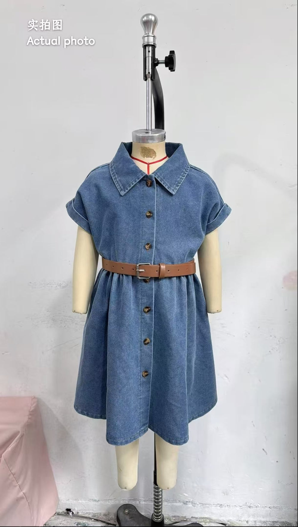 hot-selling girls' a-line denim washed dress with turn-down collar - cross-border exclusive