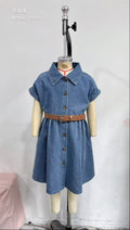 hot-selling girls' a-line denim washed dress with turn-down collar - cross-border exclusive