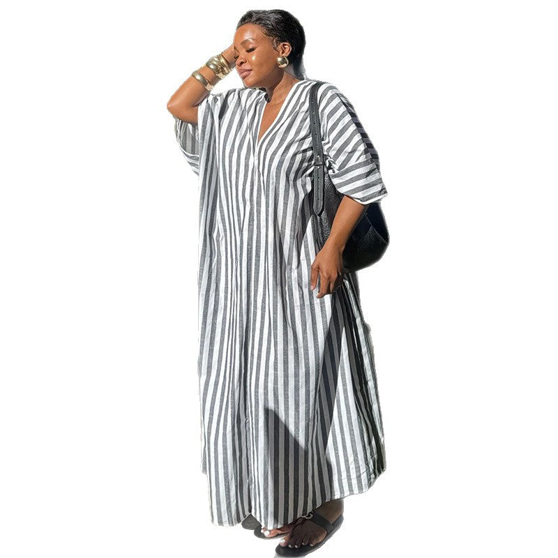 European and american women's clothing  autumn new sweet and fresh loose plus size striped v-neck batwing sleeve straight maxi dress