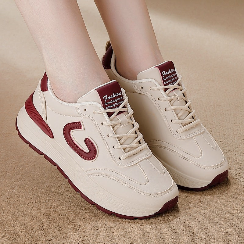 Women's plus size leather sneakers for cross-border e-commerce: versatile, spring new arrivals, running, flat, non-slip, fashionable casual shoes