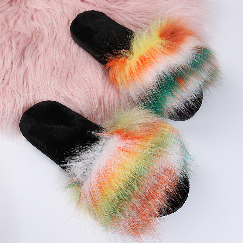 Wholesale fur slippers from fur manufacturers: home-friendly faux fox fur one-piece slippers, new fashionable plush slippers for autumn and winter