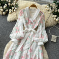 French sweet floral v-neck dress - women's early spring korean style long sleeve slimming a-line maxi dress - vacation ready