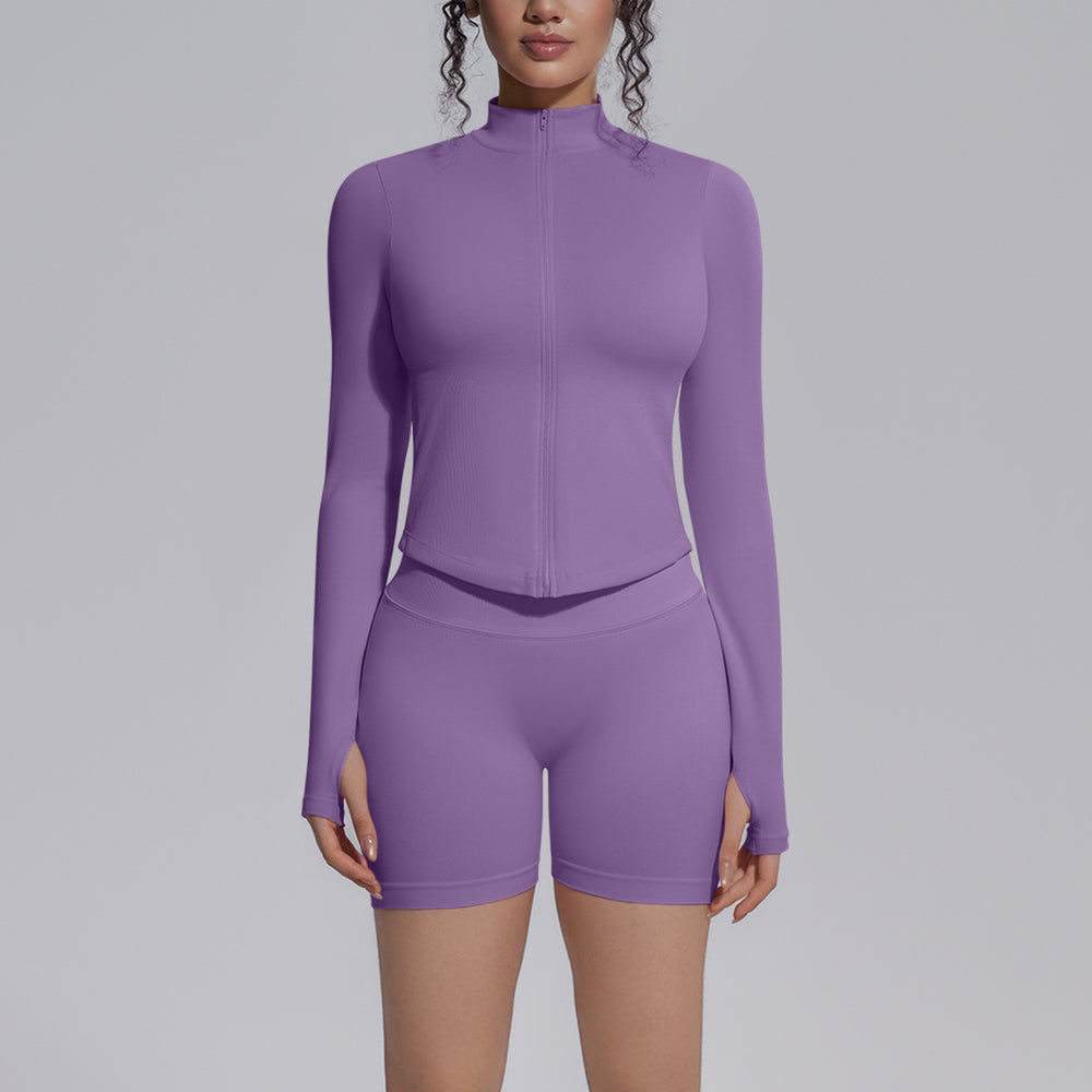 New zip-up jacket & quick-dry butt-lifting compression shorts activewear set - seamless knit running, fitness & yoga outfit for women