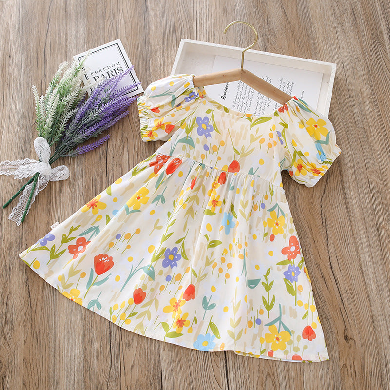 【matching family outfits】girls' cotton silk floral dress - princess style, stylish print, and puff sleeve skirt