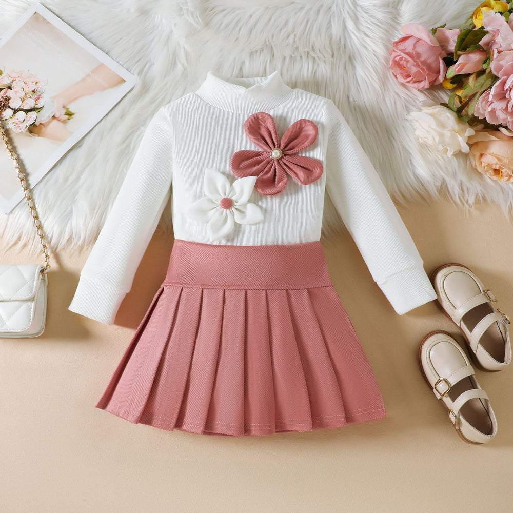 European and american style girls' outfit: new autumn fashion, 3d floral long-sleeve top with solid color pleated skirt set for toddlers and young children