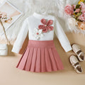 European and american style girls' outfit: new autumn fashion, 3d floral long-sleeve top with solid color pleated skirt set for toddlers and young children