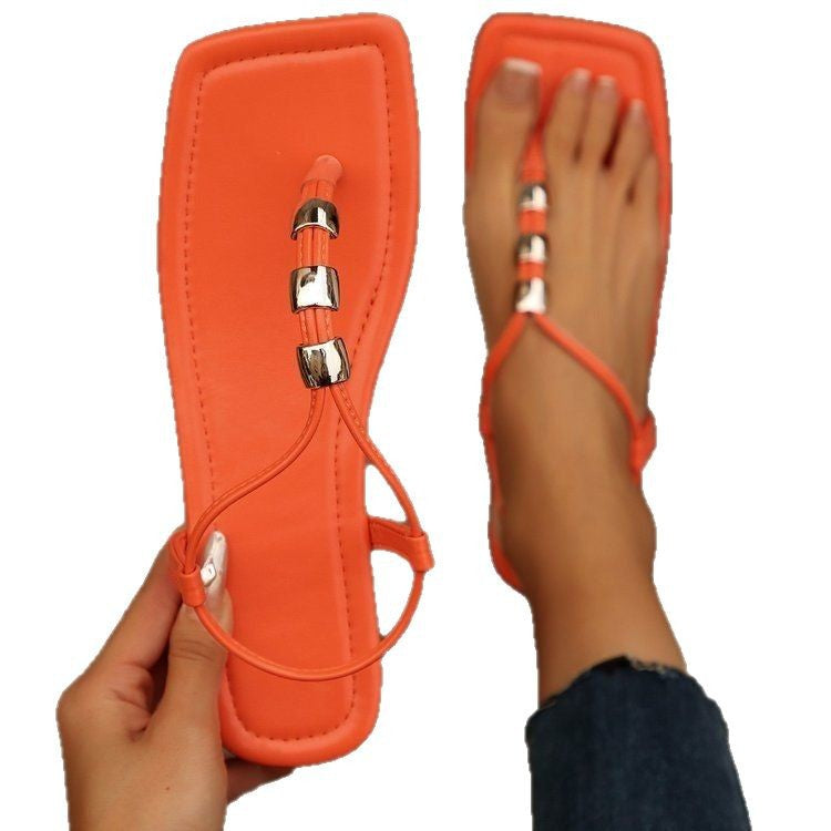 summer metal decorated french fashion versatile beach vacation flip-flops women's flat thong sandals