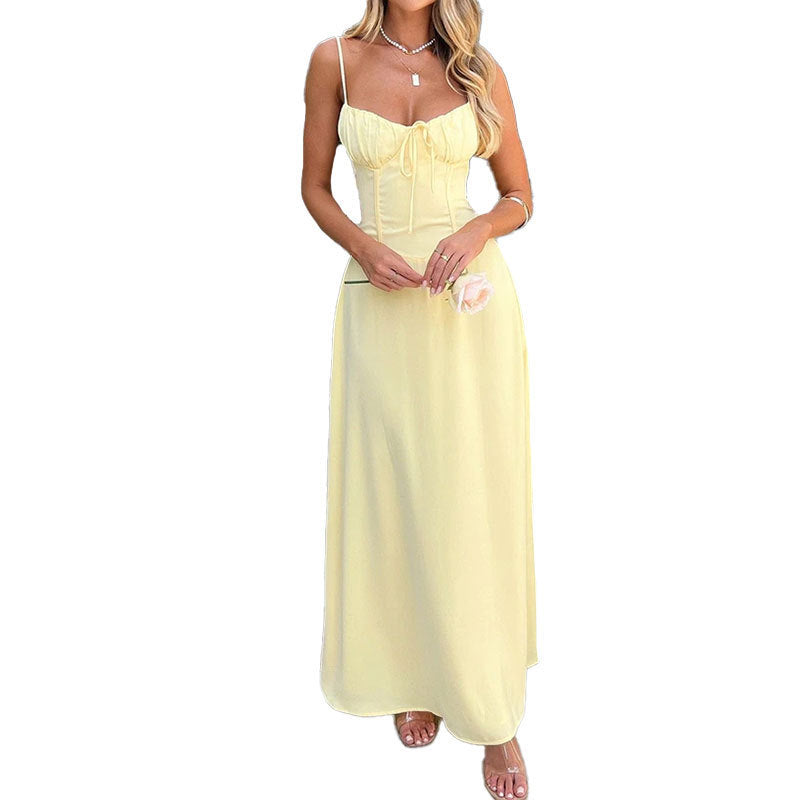 cross-border e-commerce women's fashion: european and american summer new arrivals - elegant and chic tie-waist a-line solid color midi dress