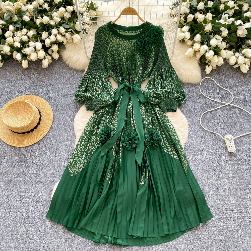 Palace style classyprinting lantern sleeve dress women's spring strap stereo flower pleated super fairy long skirt