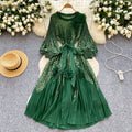 Palace style classyprinting lantern sleeve dress women's spring strap stereo flower pleated super fairy long skirt