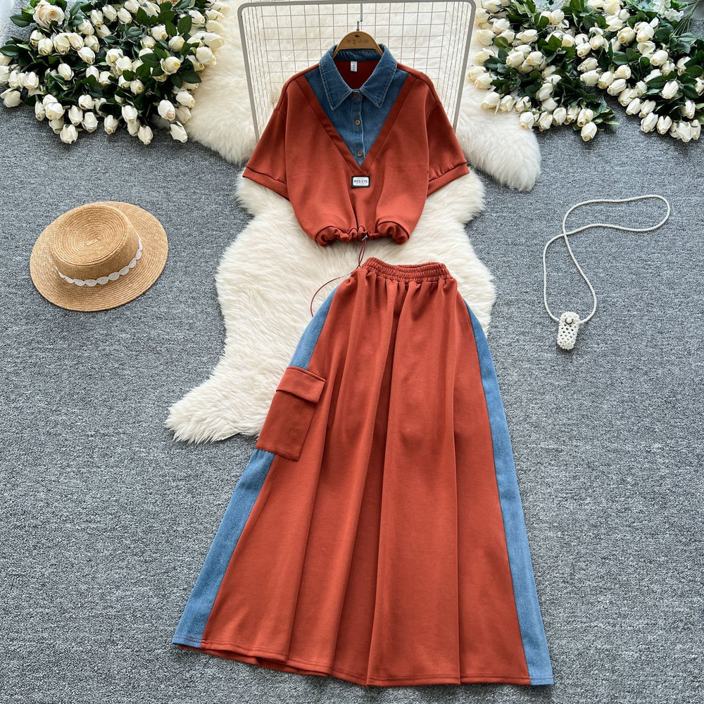 Salt style light mature two-piece set women's summer drawstring waist fake two-piece short-sleeved topshigh waist denim patchwork skirt