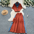 Salt style light mature two-piece set women's summer drawstring waist fake two-piece short-sleeved topshigh waist denim patchwork skirt