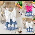 new european and american style girls' outfit: bowknot cami top + floral denim shorts set