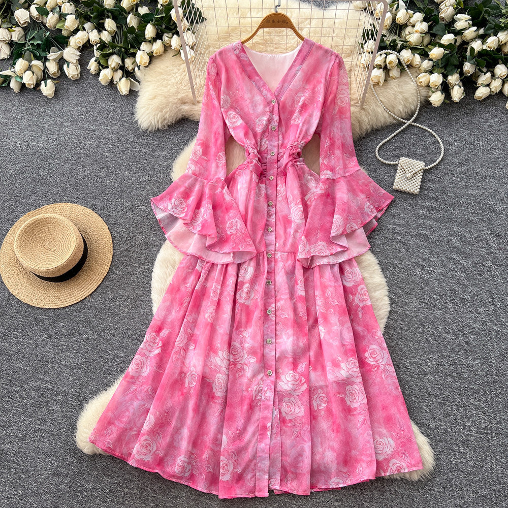 French riviera style rose print v-neck dress - women's spring korean style long sleeve tie-waist slimming maxi dress