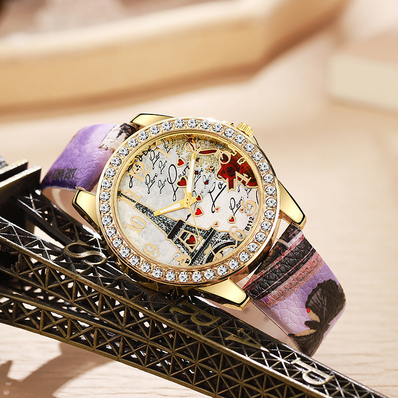 fashion snake print belt printing women's watch eiffel tower digital diamond-encrusted british watch student watch