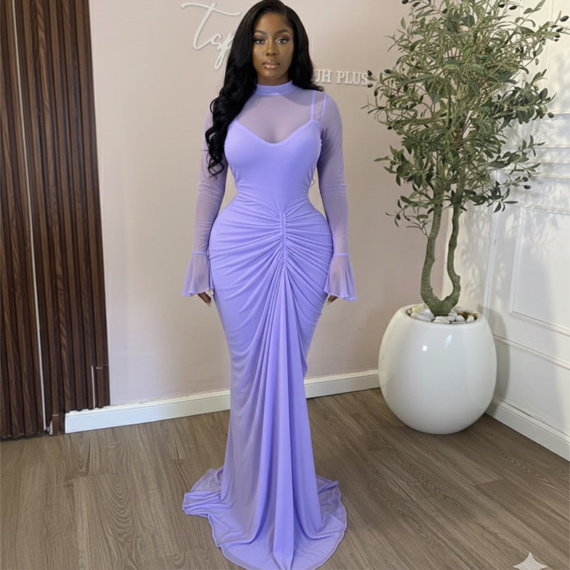 European and american cross-border women's fashion:  autumn new arrivals - sexy, elegant, solid color, ruched, slim-fit, long maxi dress