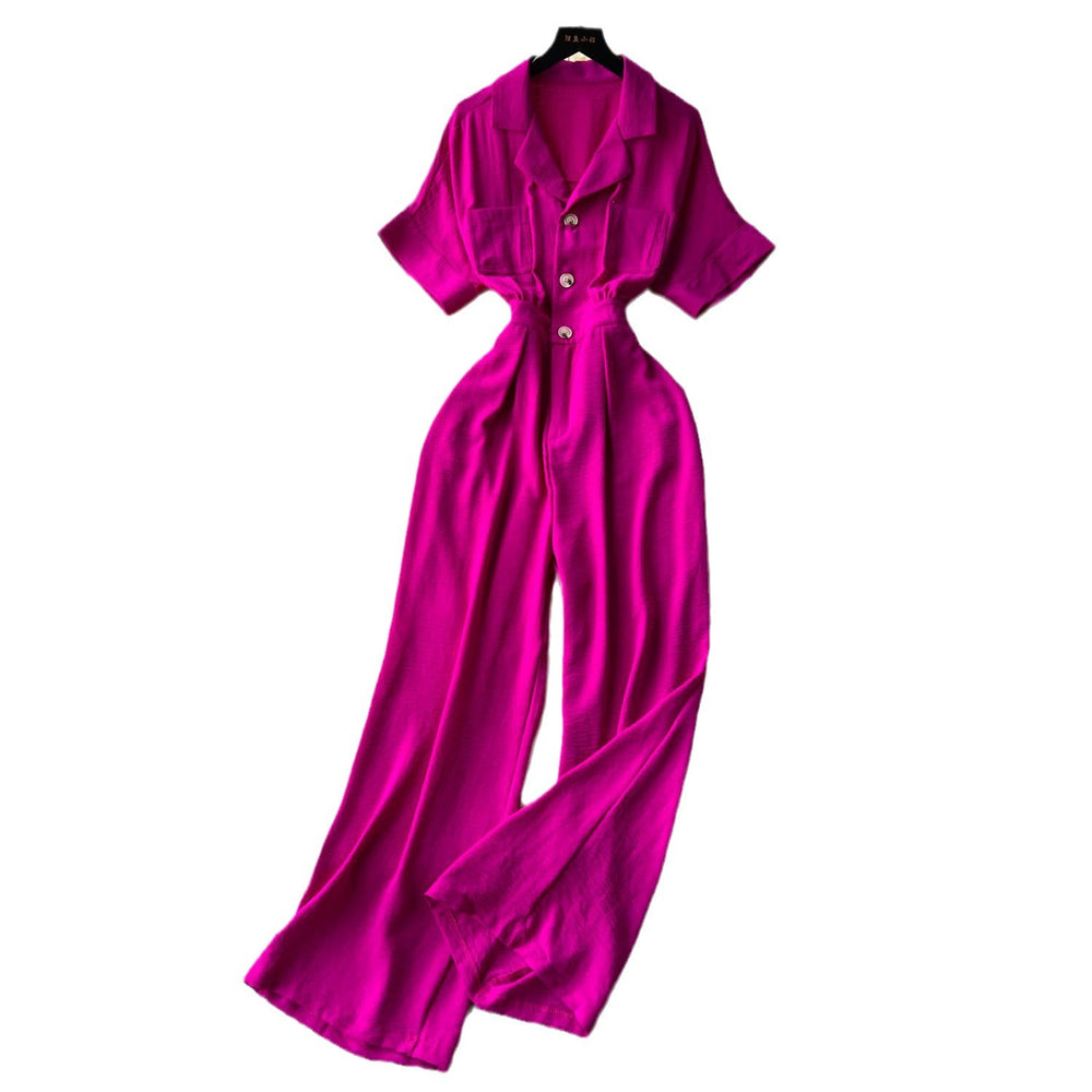 Summer women's new jumpsuit chic niche lightly mature style suit collar single breasted short sleeve high waistcasual jumpsuit