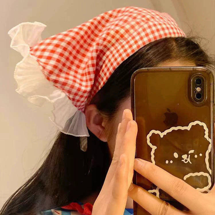 Blue and white lace headband and headscarf all-in-onefrench triangle scarf head scarf square hat hat pastoral style zhou ye same style hair accessories for women