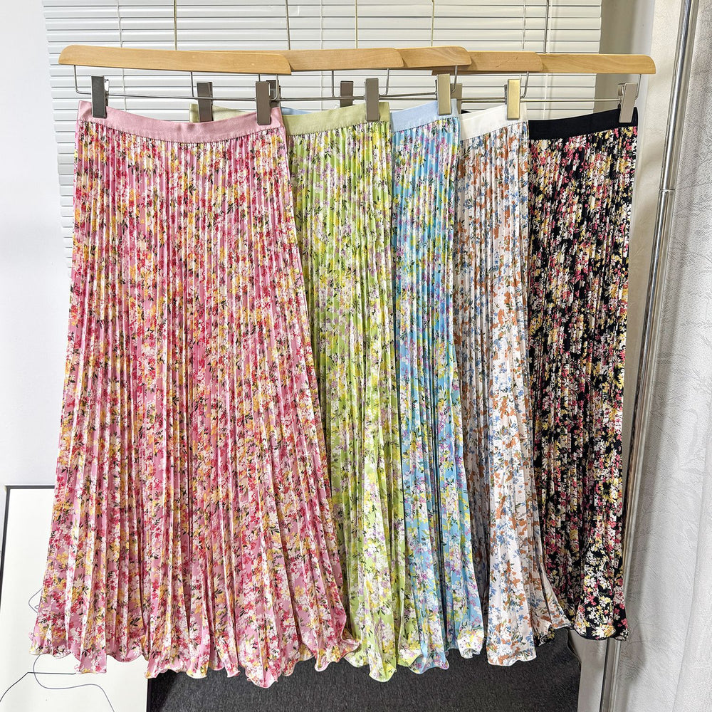 export 2026 summer new arrival: printed pleated a-line midi skirt with elastic waist and flared ruffle hem