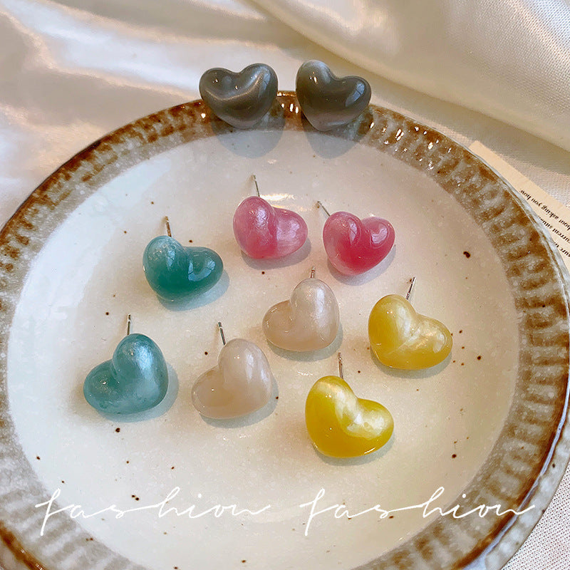 Japanese and korean fresh sweet jelly color stereo heart earrings women's fashion design elegantstylish cat's eye earrings