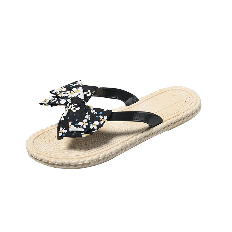 Soft bottom flip-flops for women, summer small floral bows flip-flops, non-slip flats indoor home sandals for women