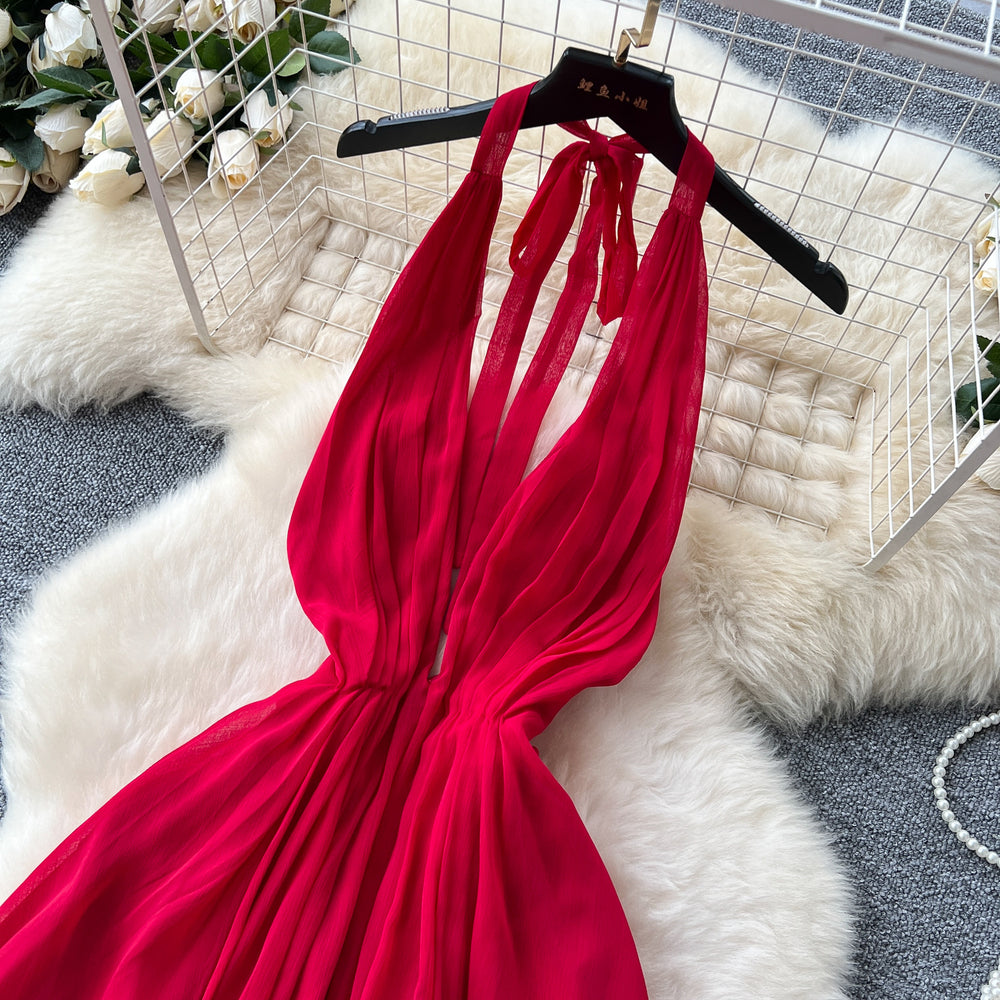 Vacation-style dress  summer french chic v-neck halter neck tie waist elegant backless chiffon maxi dress