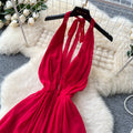 Vacation-style dress  summer french chic v-neck halter neck tie waist elegant backless chiffon maxi dress