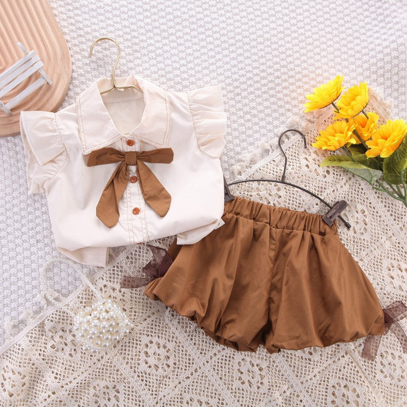 Girls' trendy outfit set -  summer new arrival: flutter sleeve blouse & tulip pants - chic two-piece set