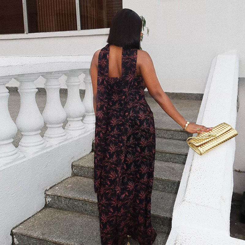 European and american women's clothing  autumn new sweet and fresh printed high-waisted spaghetti strap a-line maxi dress