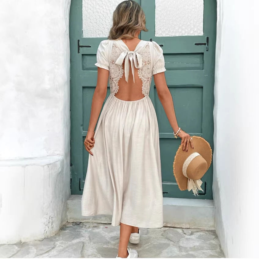 european and american spring/autumn new v-neck casual backless summer dress