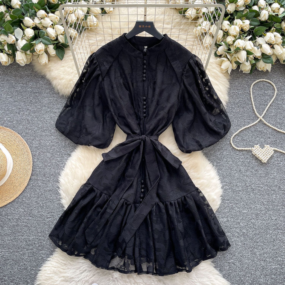 Accessible luxury palace style puff sleeve dress women's summer mesh embroiderpatchwork stand collar design elegant royal sister short skirt
