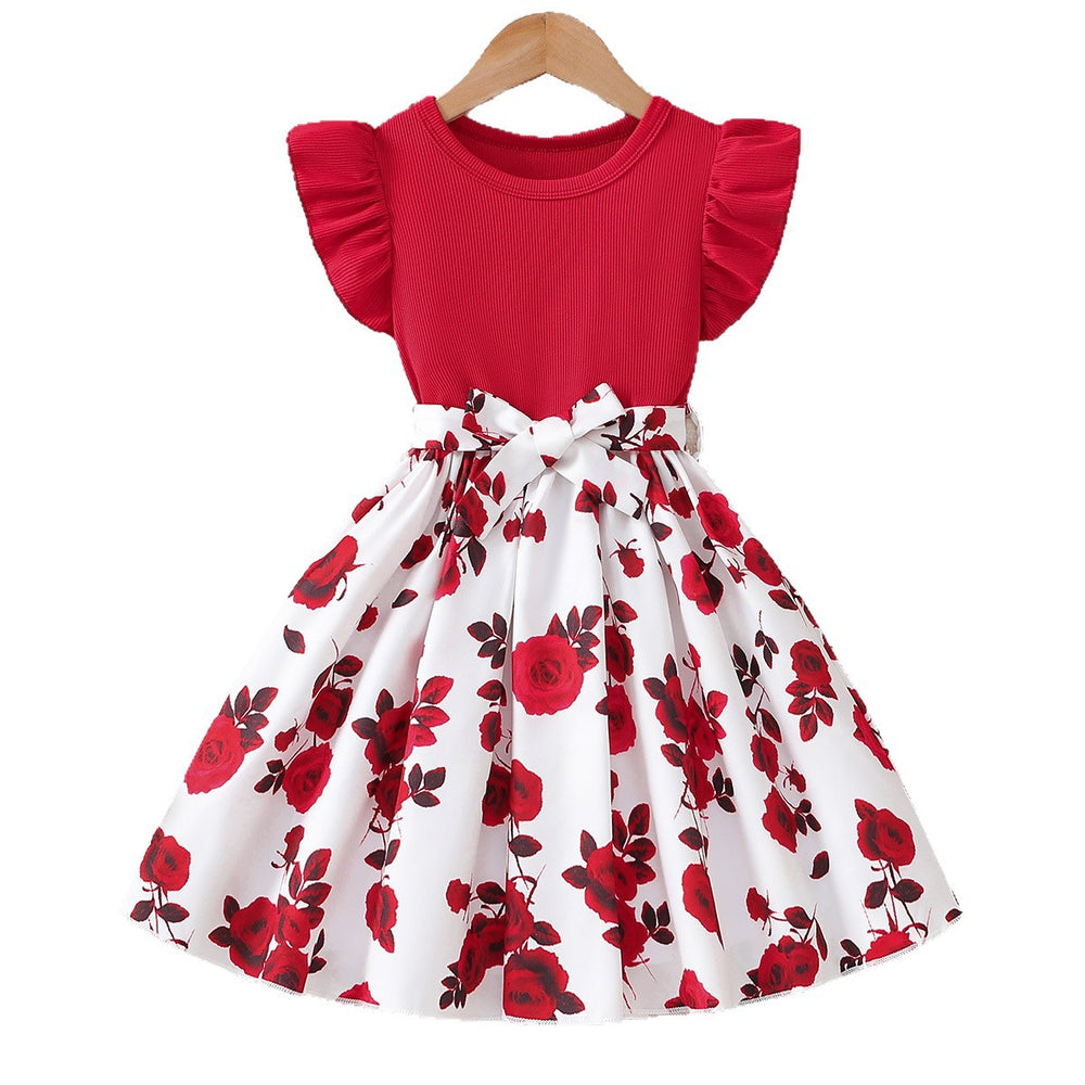 Girls' export dress - red flutter sleeve crew neck patchwork princess dress - rose print summer a-line skirt for children