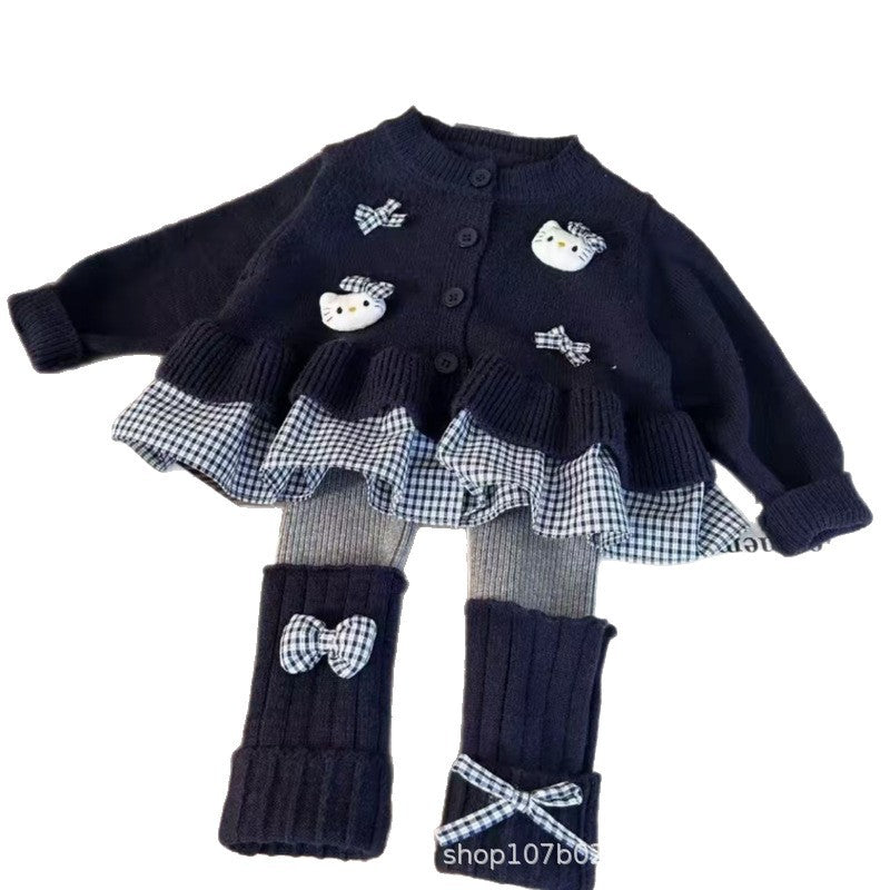 Korean style girls' clothing  new autumn collection: preppy plaid cardigan sweater with bow detail and scrunch socks/leggings set