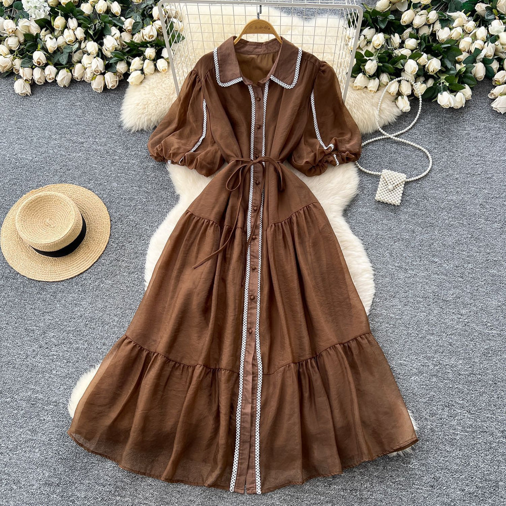 French gentle style elegant lapel lantern sleeves tie back waist single-breasted dress female super fairy slimming look long skirt