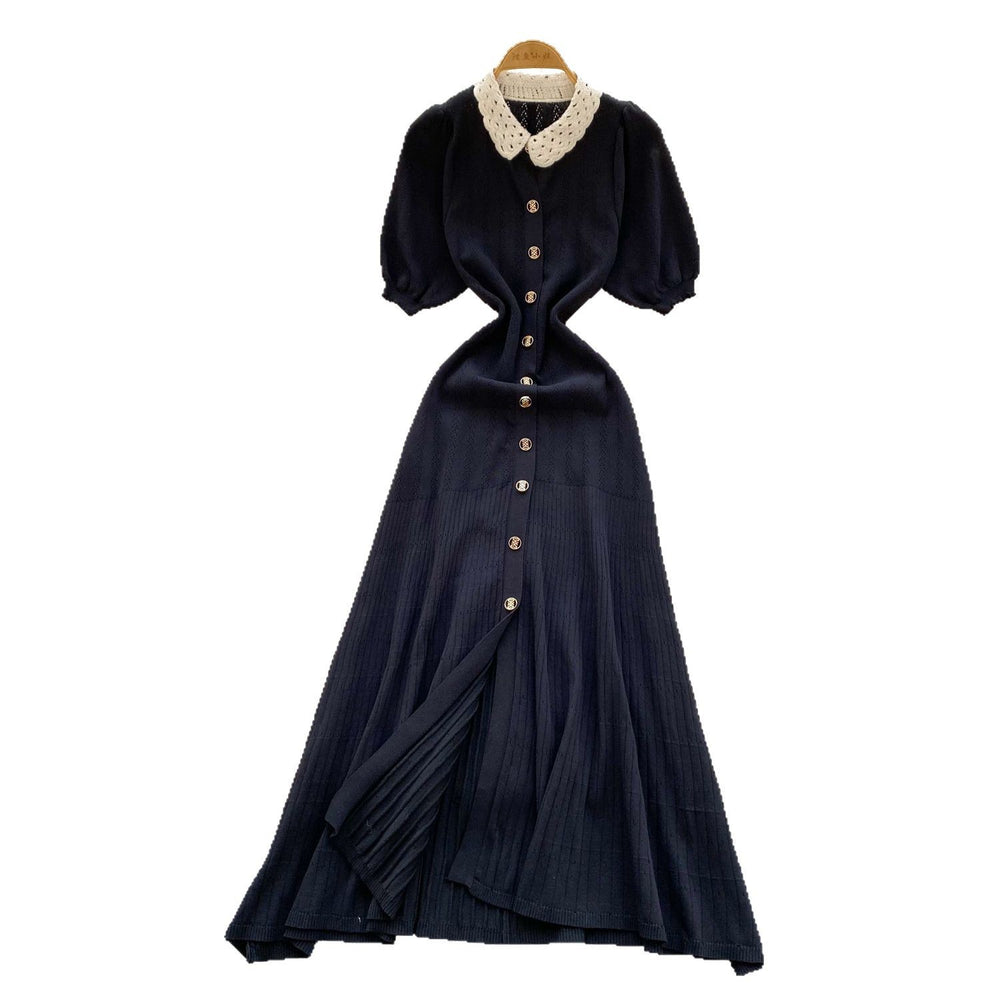 Springfrench doll collar lace collar puff sleevesilmslimming look short-sleeved knittingdress single-row gold button long skirt