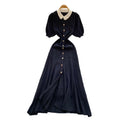 Springfrench doll collar lace collar puff sleevesilmslimming look short-sleeved knittingdress single-row gold button long skirt