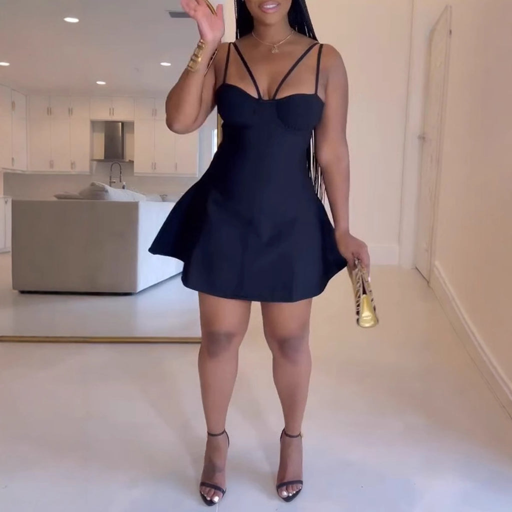 S10908 European and American sexy suspender waist splicing micro-pull mini dress