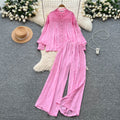 French court style chic lace patchwork pearl button lantern sleeve blouse and high-waisted wide leg casual pants set