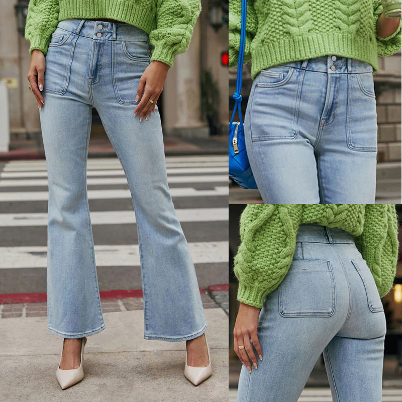 Amazon stretch jeans women's new european and american style elegant commute micro flare washed double button denim pants