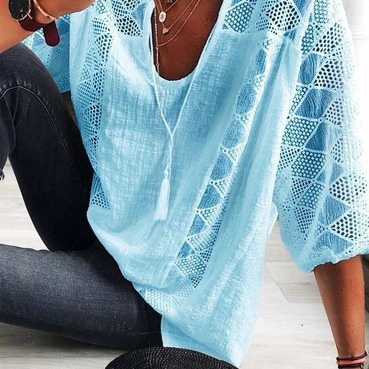 loose type    new arrivalfashionlacepatchwork u-neck three-quarter sleeve tops