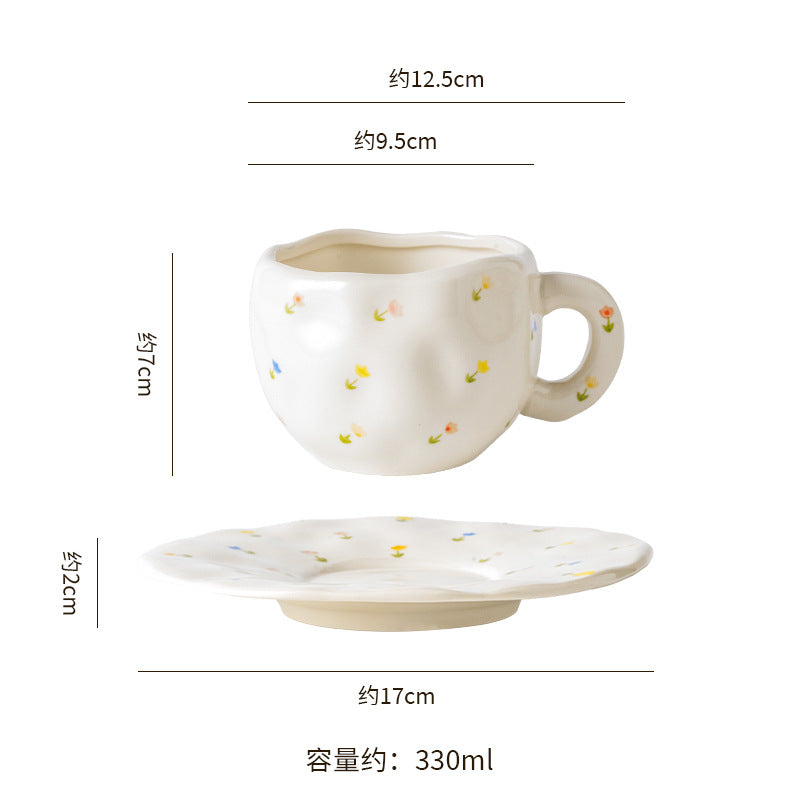 Ins small clear hand-painted ceramic asymmetrical cup and saucer stylishniche style girls ceramic afternoon tea milk coffee cup