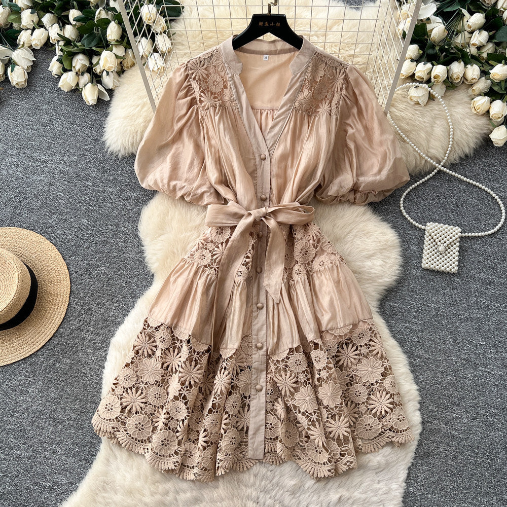 French-style heavy lace v-neck bubble sleeve dress - women's summer korean style red tie-waist slimming a-line dress