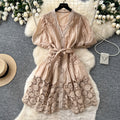 French-style heavy lace v-neck bubble sleeve dress - women's summer korean style red tie-waist slimming a-line dress