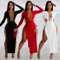 C6237 cross-border   fashion women's solid color drawstring slit long sleeve maxi dress